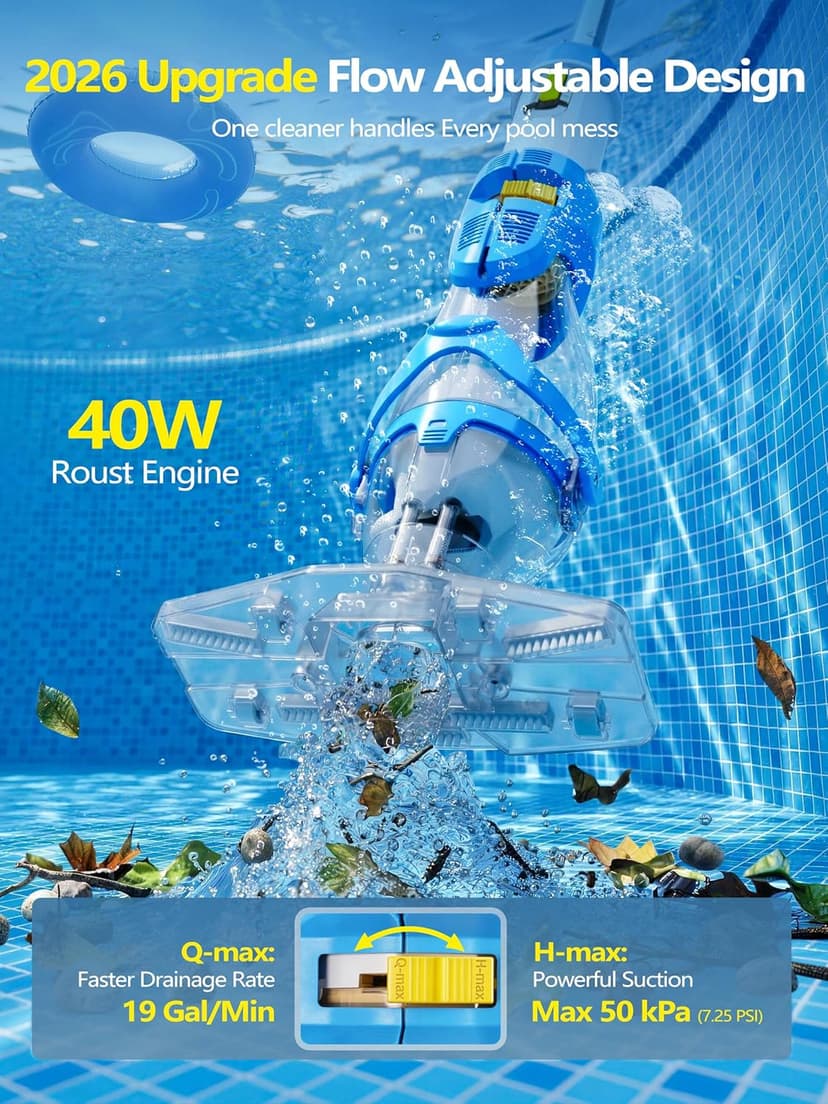 LanOcean 2026 Newly Cordless Pool Vacuum for Inground Pool, Flow Adjustable, Transparent Brush Head–Visible Cleaning, 19 GPM Powerful Suction Handheld Pool Vacuum for Above Ground Pool, 70Mins Runtime