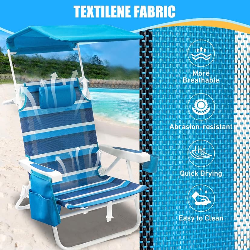 2 Pack Beach Chair with Canopy Shade, 5 Positions Lay Flat Textilene Reclining Beach Chair with Backpack Straps, Cooler Bag & Cup Holder for Outdoor Lawn Camping