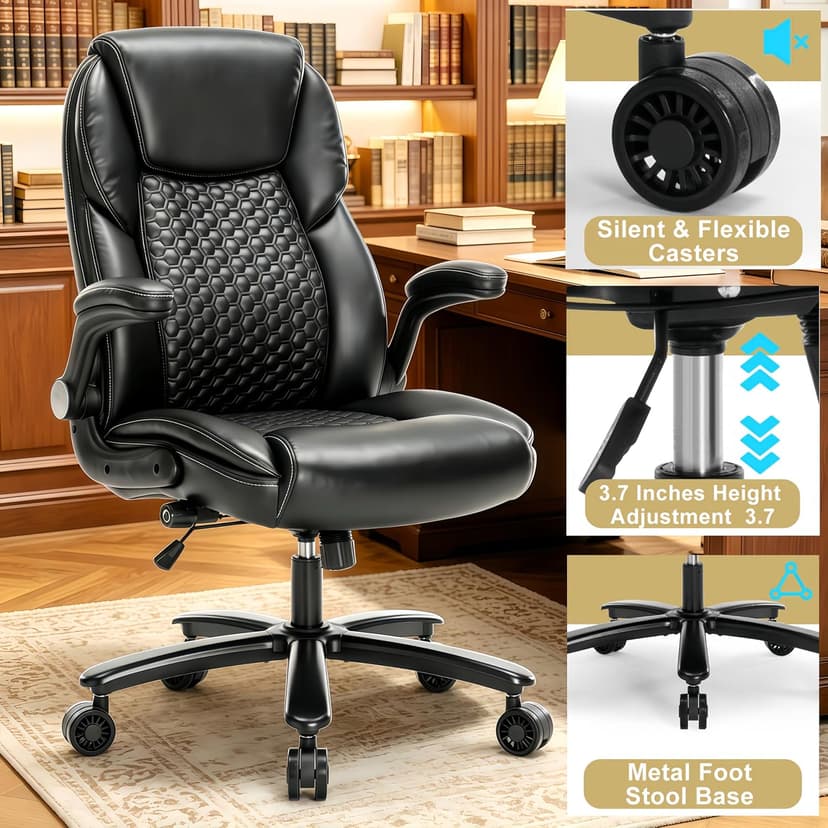 Big and Tall Ergonomic Office Chair, Executive Office Chair with Flip-up Arms, PU Leather Computer Desk Chair, Adjustable Lumbar Support Heavy Duty Space Saving Swivel Chair