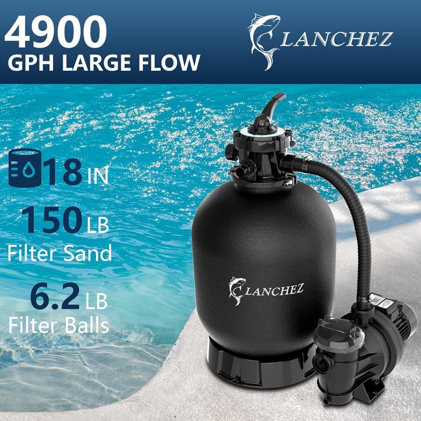 LANCHEZ 18" Sand Filter with 1.5 HP Pool Pump, Digital Programmer Timer, 4900 GPH for Above Ground Pool Pump Set Up to 20000 Gallons, 7-Way Valve Sand Filter Pump System