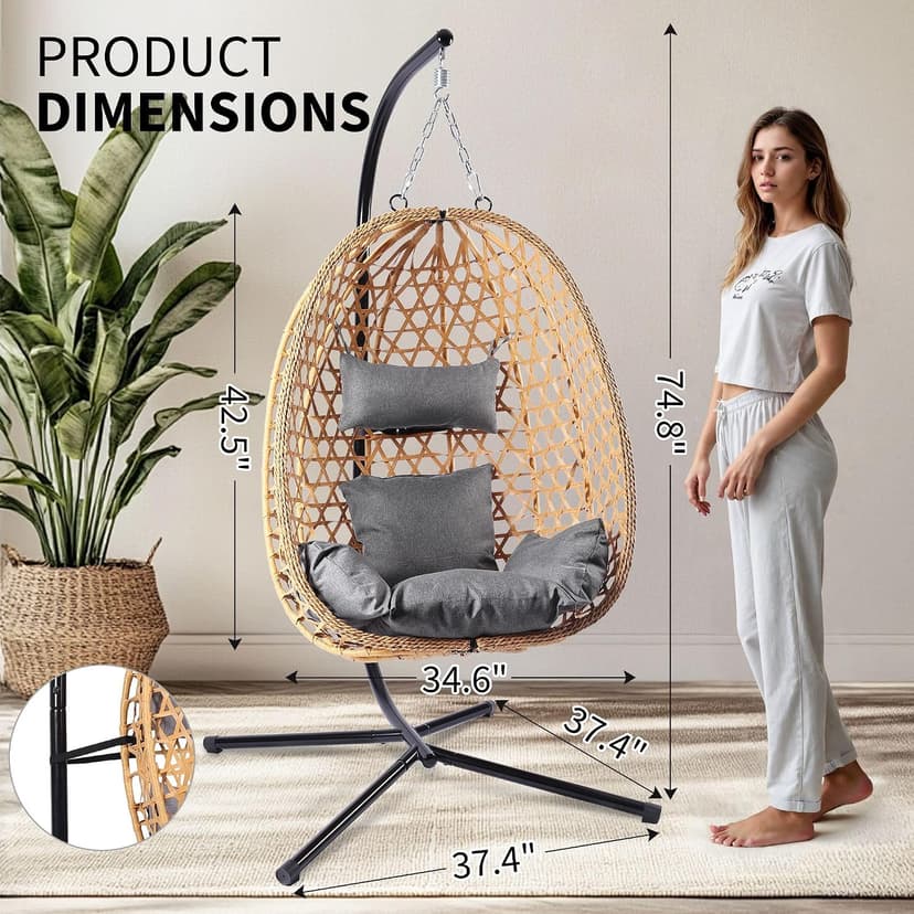 LEX CRAFT Egg Chair with Stand, Patio Wicker Hanging Chair, Hammock Swing Chair, 350LBS Capacity for Bedroom, Balcony, Garden (YE-GR)