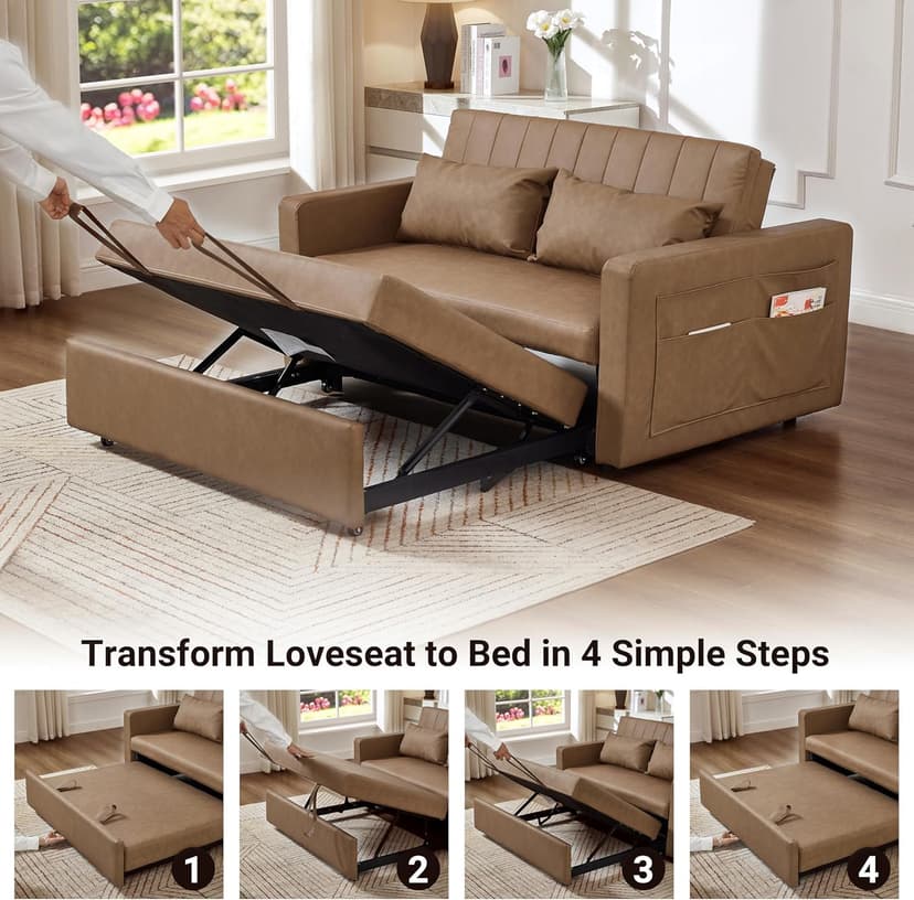 N NOORDENIYA 55'' Leather Sofa Bed, Pull Out Sleeper Sofa Couch Bed, Loveseat Sleeper, Futon Sofa Couch with Side Pocket, Convertible Sofa Bed for Living Room, Apartment, Bedroom, RV, Brown