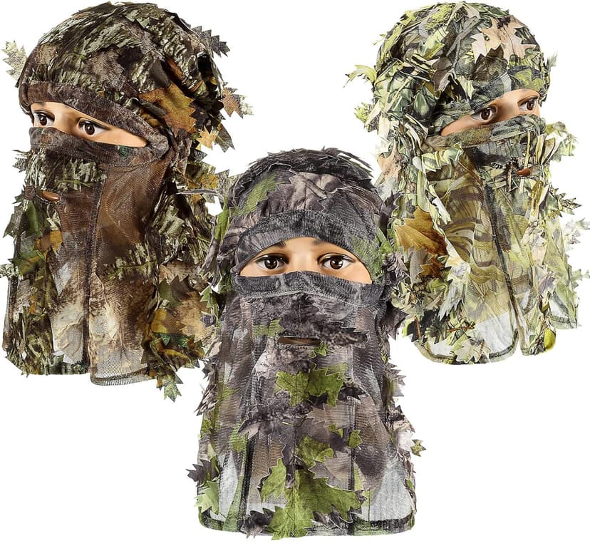 Sintege 3 Pieces 3D Camo Turkey Hunting Face Mask Camouflage Leafy Hat Ghillie Face Covering 3D Full Cover Camo Headwear Turkey Hunting Gear Accessories