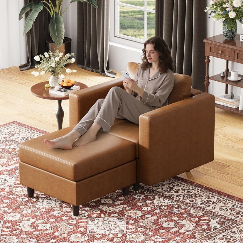 ABCASA Faux Leather Accent Chair with Ottoman,Upholstered Armchair with Storage,Extra-Deep-Seated Modular Single Sofa,Reading Chair with Footrest for Living Room Lounge Chair Brown