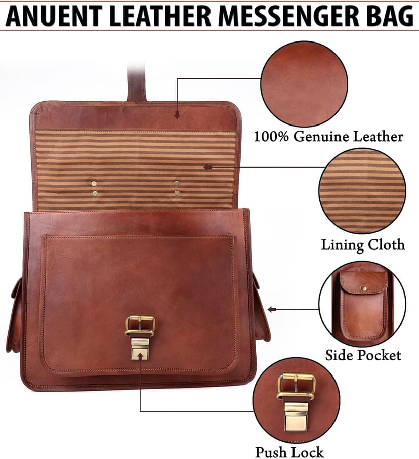 ANUENT Genuine Brown Leather Laptop Messenger Bag for Men and Women | Rugged Leather Satchel | Professional Business Briefcase | Crossbody Computer Bag