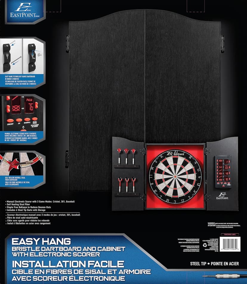 EastPoint Sports Tournament Bristle Dartboard and Easy Hang Cabinet with Electronic Scoreboard and 6 Steel Tip Darts