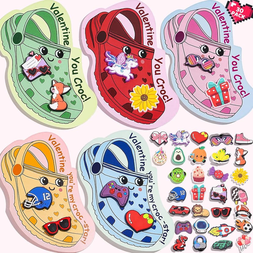 AYGXU Valentines day cards for kids school-valentines day gifts for kids,30pcs Cards with 60 Shoe Charms for boys girls,valentine exchange gifts bulk party favors
