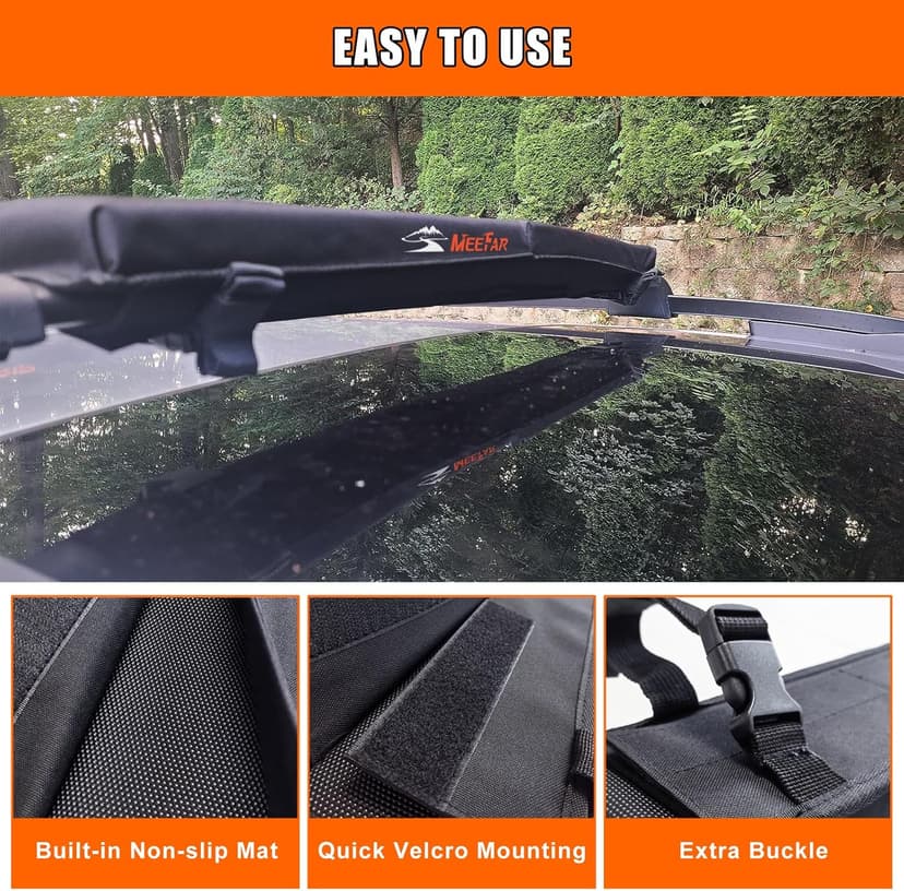 MeeFar Universal Car Soft Roof Rack Pads Luggage Carrier Rack for Kayak Surfboard SUP Canoe Include 2 Heavy Duty Tie Down Straps, 2 Tie Down Rope, 2 Quick Loop Strap