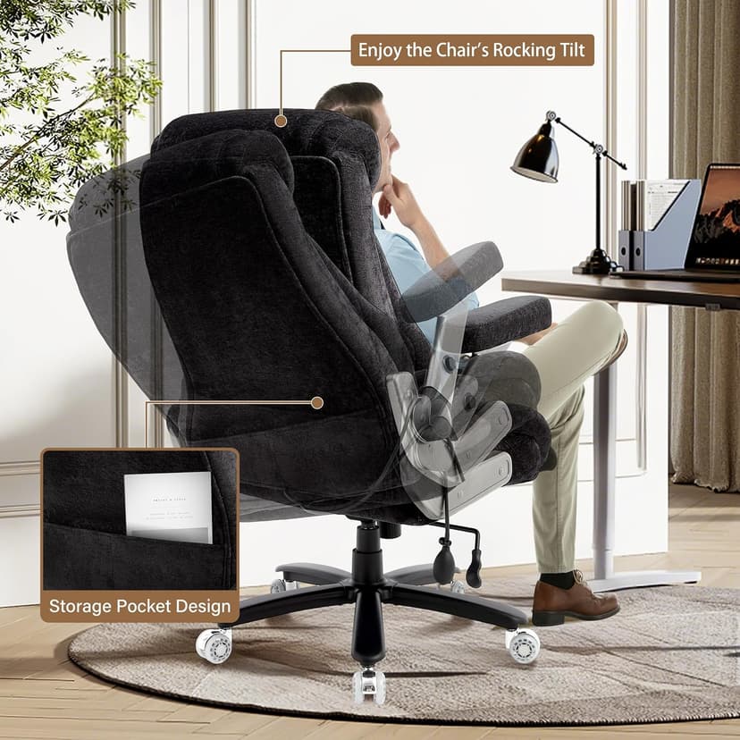 Fabric 700lbs Big and Tall Office Chair, Ergonomic Heavy Duty Executive Cloth Office Chair with 5D Flip Arms & Adjustable Lumbar Support & Dual Rubber Wheel, Large Thick Padded Extra Wide Seat, Black