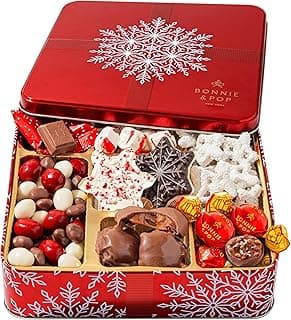 Bonnie and Pop's Holiday Tin- with Assorted Christmas Chocolate, Nuts, Bark, Truffles – Festive, Corporate, Family, Gift Basket Idea for Men and Women