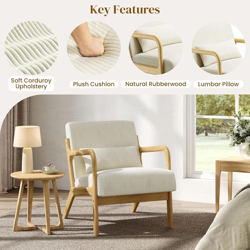 Yaheetech Accent Chair for Living Room, Corduroy Mid Century Modern Reading Armchairs with Lumbar Pillow for Bedroom, Decorative Sofa Chair for Adult Beige/Set of 1