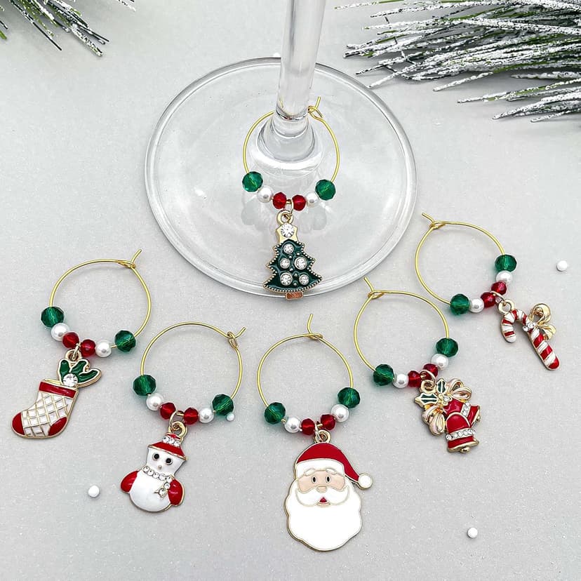 Christmas Wine Glass Charms, Christmas Hostess Gift, Christmas Table Decor, Stockings Stuffer, Set of 6 Gold Enamel Charms, Christmas Tree, Santa Claus, Candy Cane, Snowman