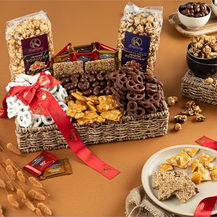 KREMERY Creamy Chocolate Cravings - Holiday Christmas Chocolate Covered Pretzels & Caramel Popcorn Gift Basket, in Seagrass Tray + Ribbon (Deluxe, 3.5 lbs) Xmas Treats Food Arrangement, Kosher