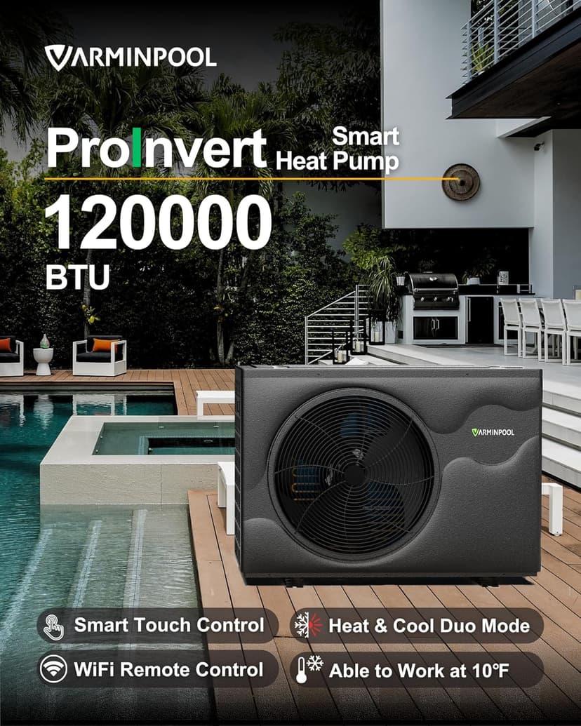 120000BTU Inverter Pool Heat Pump, for 33000 Gallons Inground and Above Ground Pools, WiFi Capable Electric Pool Heater with Timer, Heat and Cool, Energy Efficient, 220V