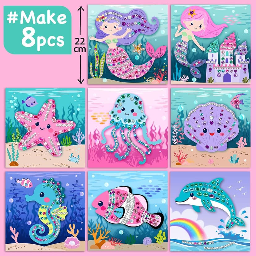 Mermaid crafts and gem art for kids ages 3-8; gem sticker kit with 8 ocean projects; no glue, screen-free birthday gift EZCRA Mermaid Gem Sticker Kit for Kids - 800 Stickers, 8 Underwater Themes B0GFMN37ZV