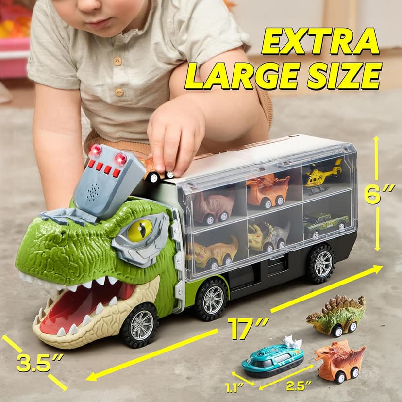JOYIN 13 in 1 Dinosaur Toys for Kids 3-5, Dinosaur Truck with 12 Pull Back Cars, Birthday Gifts Toys for 3 4 5+ Year Old Boy, Transport Carrier Truck for Toddlers, Christmas Great Gifts for Grandkids