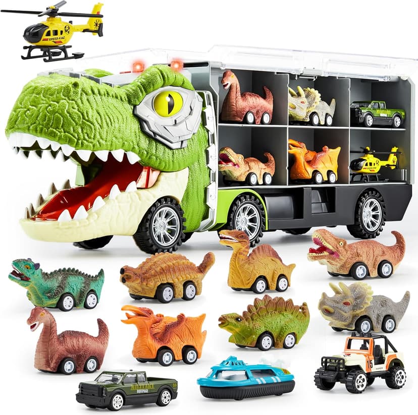 JOYIN 13 in 1 Dinosaur Toys for Kids 3-5, Dinosaur Truck with 12 Pull Back Cars, Birthday Gifts Toys for 3 4 5+ Year Old Boy, Transport Carrier Truck for Toddlers, Christmas Great Gifts for Grandkids
