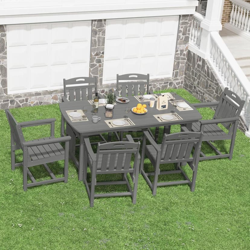 HDPE Outdoor Patio Dining Set with Table & 6 Chairs, All-Weather 7-Piece Outdoor Table and Chairs, 2" Umbrella Hole, Patio Furniture for Garden, Backyard, Deck | Grey