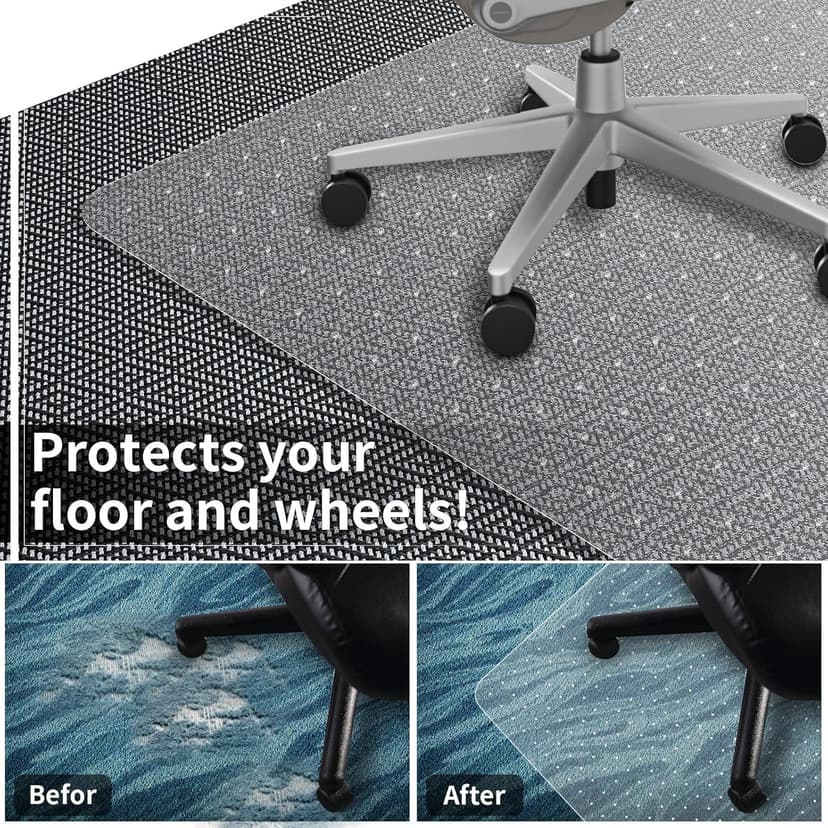 Office Chair Mat for Carpeted Floor, 63"x51" Clear Desk Mat for Carpet Large Protector Floor Mat On Low Pile Carpets, Easy Glide Rolling Plastic Floor Mat, Computer Chair Mat for Home Office