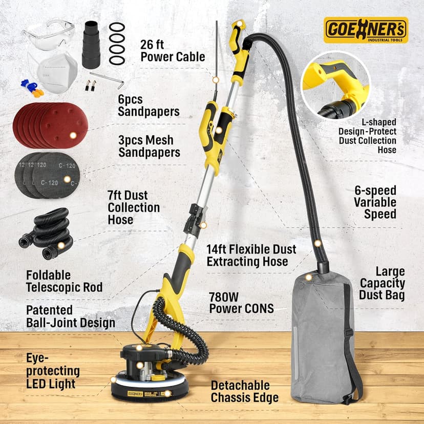 Drywall Sander, 6.5-amp Powerful Electric Drywall Sander with Vacuum, Anto Dust Removal, 7 Variable Speed, 900-1800RPM, Dustless Floor Sander with 26’ Power Cord for Popcorn Ceiling