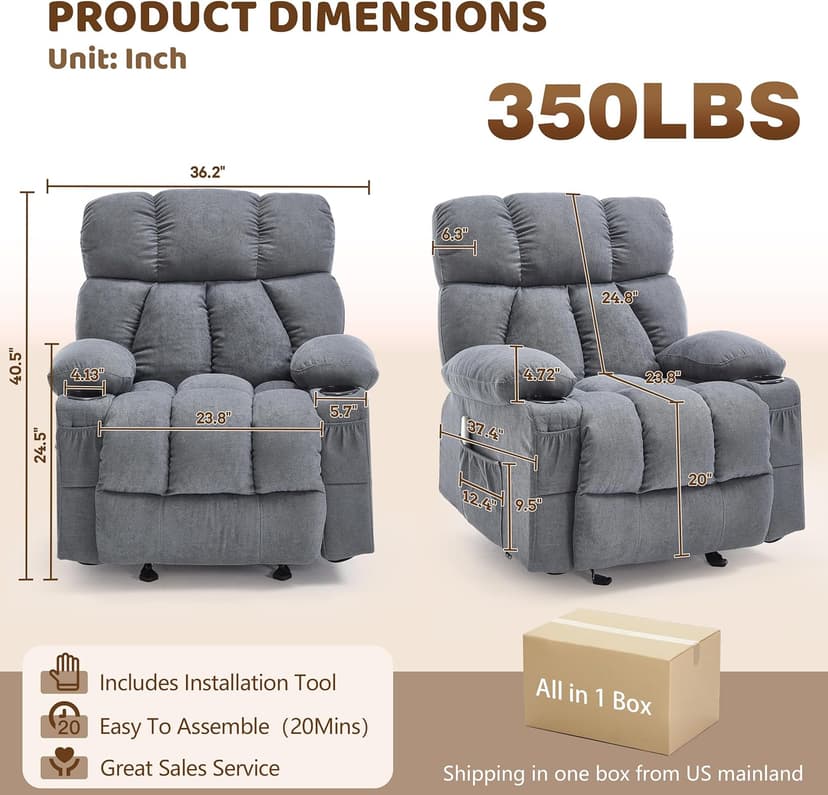 Massage Rocking Recliner Chair, Ergonomic Recliners Sofa with Vibration Massage & Heat, Rocking Chair Nursery Chair for Living Room Lounge with 4 Pockets, 2 Cup Holders, USB Charge Port, Grey