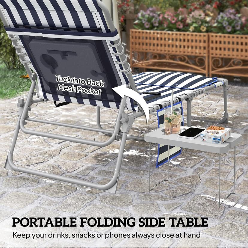 Outsunny Tanning Chair with Face Hole, Side Table, 5-Position Reclining Folding Chaise Lounge Chair Outdoor Lounger Recliner, Carry Straps for Beach Pool Camp, Oxford Fabric, Blue and White