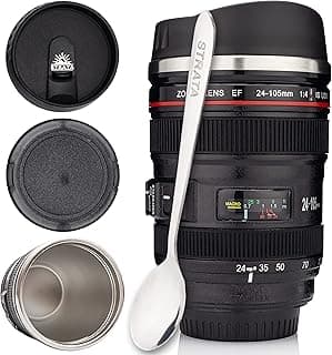 STRATA CUPS Camera Lens Coffee Mug -13.5oz | (2 LIDS + SPOON + BAG) Gift for Him, Dad Gifts, Photography, Camera accessories, Novelty Gifts