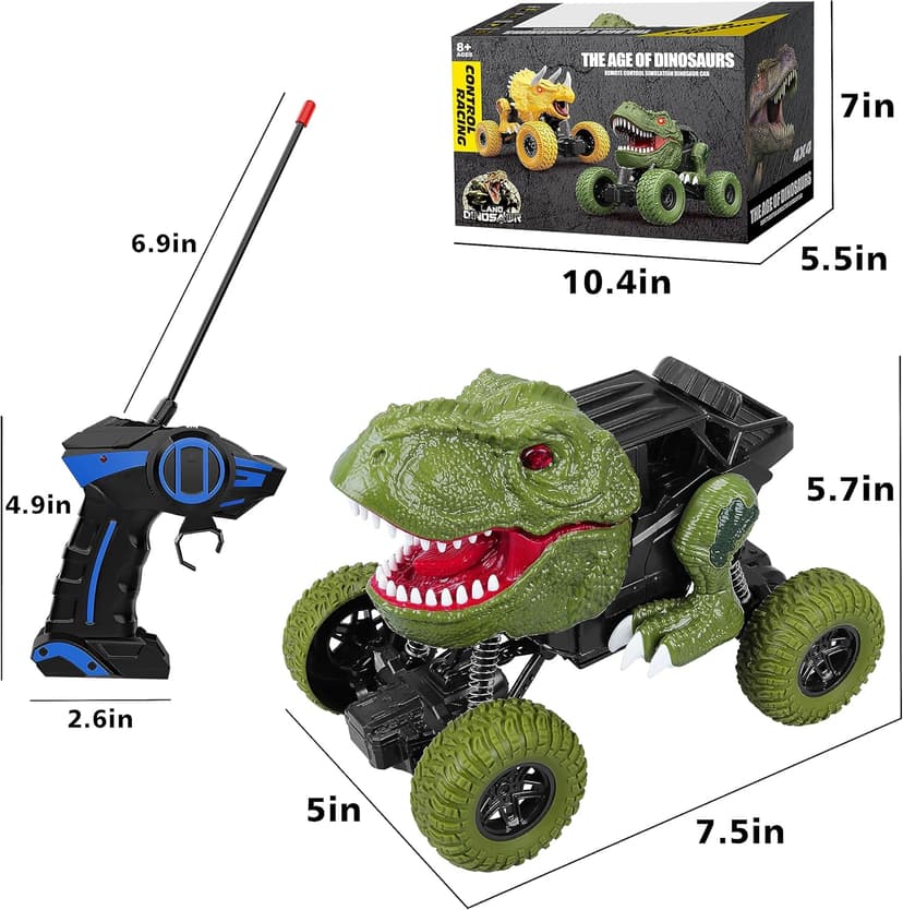Remote Control Dinosaur Car for Kids Boys, 2.4Ghz All Terrain Remote Control Dinosaur Truck with Light, Rechargeable 4WD Off Road RC Car Toys for Kids 3 4 5 6 7 8-12 Year Old Boys Girls Birthday Gift
