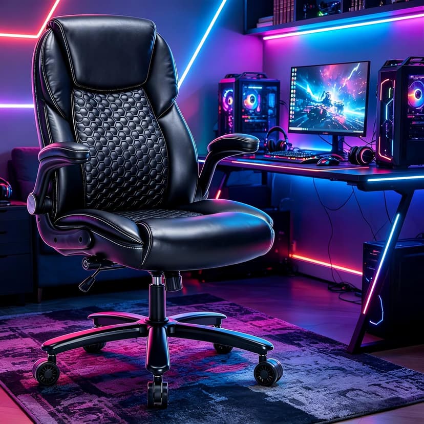 Big and Tall Ergonomic Office Chair, Executive Office Chair with Flip-up Arms, PU Leather Computer Desk Chair, Adjustable Lumbar Support Heavy Duty Space Saving Swivel Chair