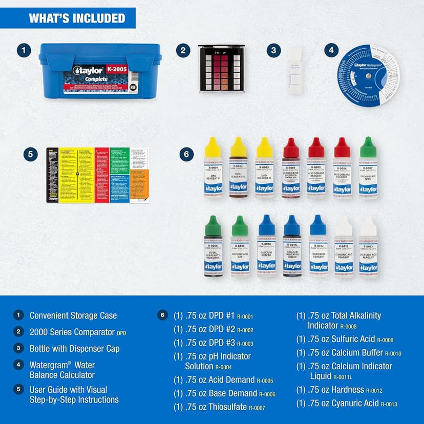 Taylor K2005 High Range Swimming Pool Total and Free Chlorine Bromine Alkalinity Calcium Hardness Base and Acid Demand pH DP Test Kit