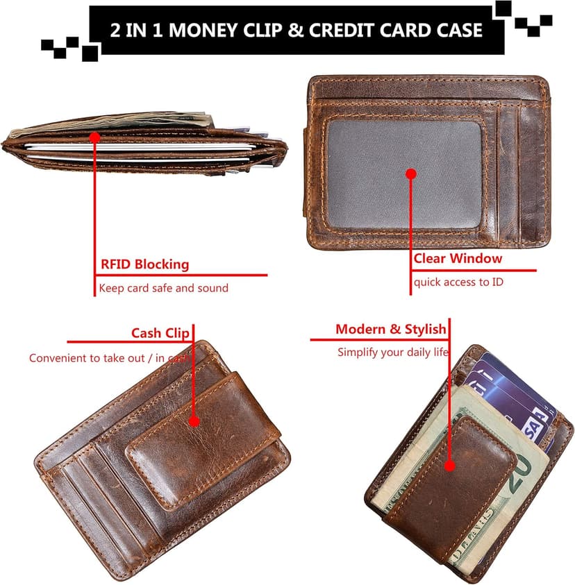 HOPSOOKEN Money Clip RFID Front Pocket Wallet Men Leather Slim Minimalist Wallet