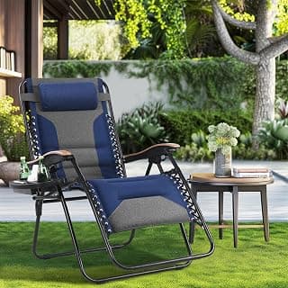 MAISON ARTS Oversized XXL Padded Zero Gravity Chair, 30" Wide Seat Foldable Patio Recliner, Anti Gravity Outdoor Lawn Chair with Cup Holder & Pillow, Supports 400lbs, Blue & Grey
