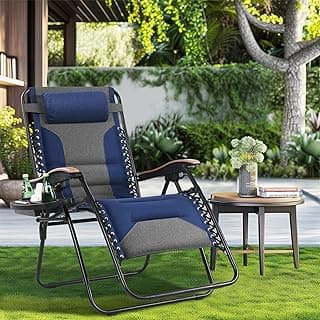 MAISON ARTS Oversized XXL Padded Zero Gravity Chair, 30" Wide Seat Foldable Patio Recliner, Anti Gravity Outdoor Lawn Chair with Cup Holder & Pillow, Supports 400lbs, Blue & Grey