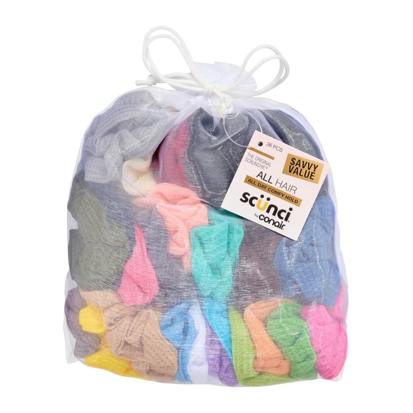 Machine-washable cotton-blend elastic hair ties for comfortable daily wear, wide assortment of colors to suit any look Scünci Hair Scrunchies, Waffle Knit Cotton, No-Damage, 36 Count B07S3KGBHL