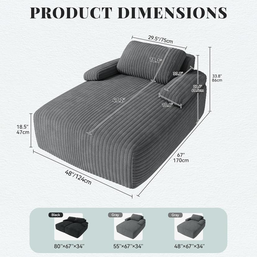 YITAHOME 67"L x 48"W Chaise Lounge Chair Indoor, Oversized Corduroy Upholstered Boneless Sofa Bed, Deep-Seat Sleeper Couch, Reading Chair, Cloud Sofa Couch for Living Room, No Assembly Required, Grey