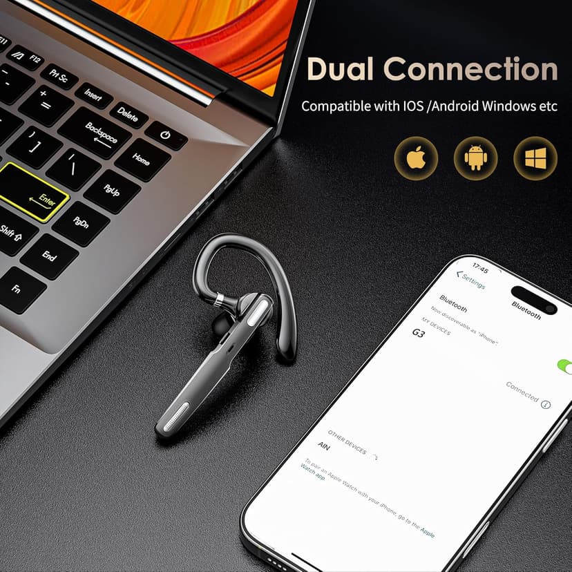 ICOMTOFIT Bluetooth Headset, Wireless Bluetooth Earpiece V5.0 Hands-Free Earphones with Built-in Mic for Driving/Business/Office, Compatible with iPhone and Android (Gray)