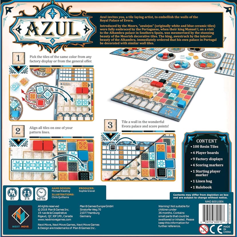 Azul Board Game - Award-Winning Tile-Placement Strategy Game, Beautiful Mosaic Art, Family Fun for Kids & Adults, Ages 8+, 2-4 Players, 30-45 Minute Playtime