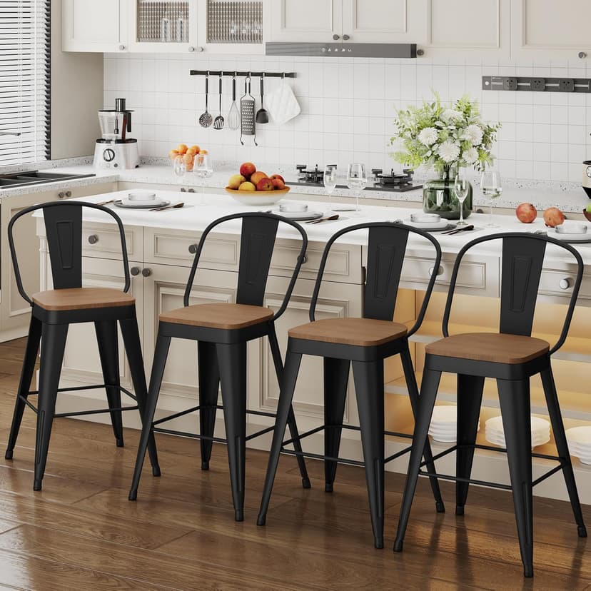 ALISH 26 Inch Industrial Bar Stools Set of 4, High Back Metal Barstools with Large Wood Seat, Counter Height Bar Chairs for Kitchen Island (26 Inch Set of 4, Black)