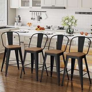 ALISH 26 Inch Industrial Bar Stools Set of 4, High Back Metal Barstools with Large Wood Seat, Counter Height Bar Chairs for Kitchen Island (26 Inch Set of 4, Black)