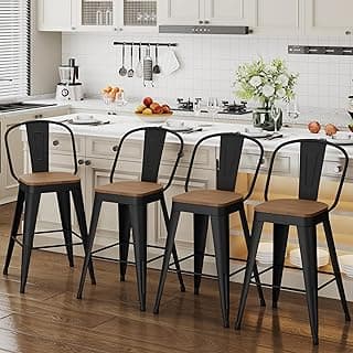 ALISH 26 Inch Industrial Bar Stools Set of 4, High Back Metal Barstools with Large Wood Seat, Counter Height Bar Chairs for Kitchen Island (26 Inch Set of 4, Black)
