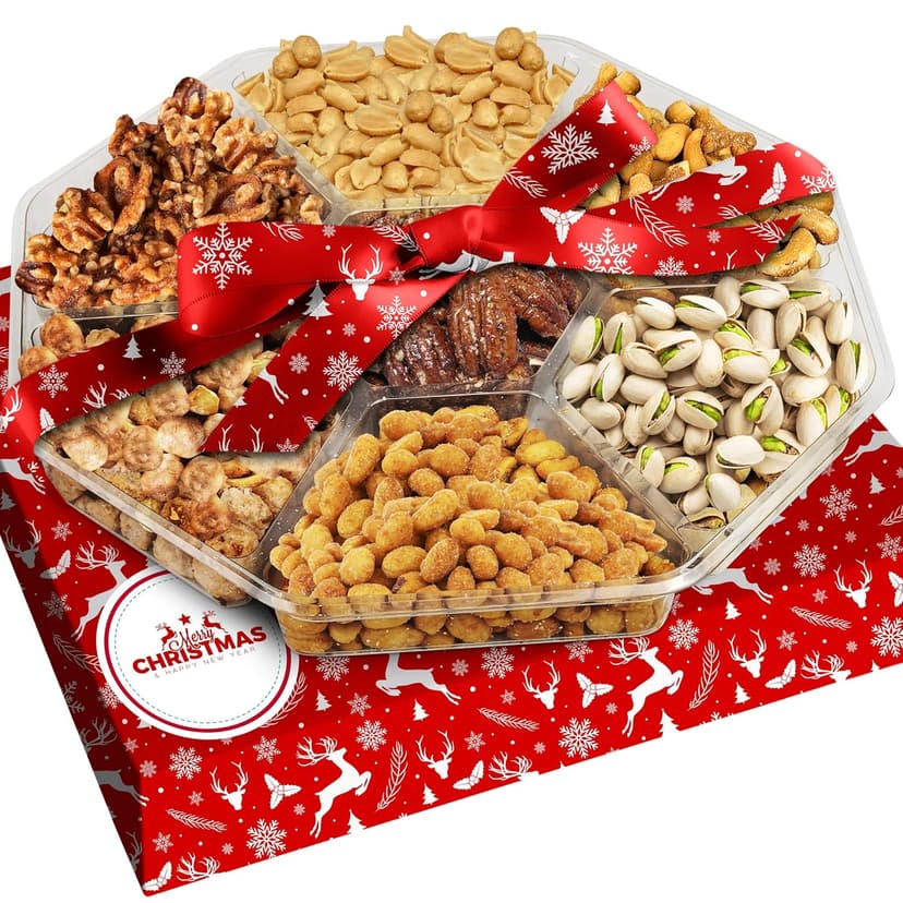 Christmas Nuts Gift Basket for Holiday Season, Premium Mixed Nut Assortment Gift Gourmet Snack Food Present Box, Christmas Gift Basket for Family (7 Sectional)