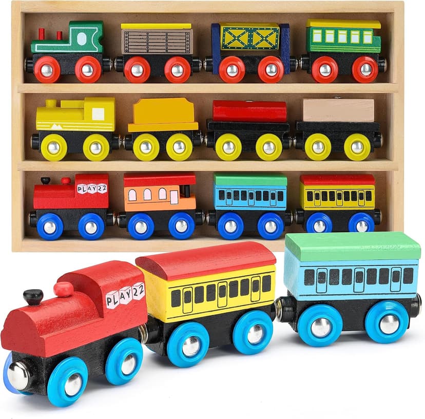 Wooden Train Set 12 PCS - Train Toys Magnetic Set Includes 3 Engines - Toy Train Sets For Kids Toddler Boys And Girls - Compatible With All Major Brands - Original - By Play22