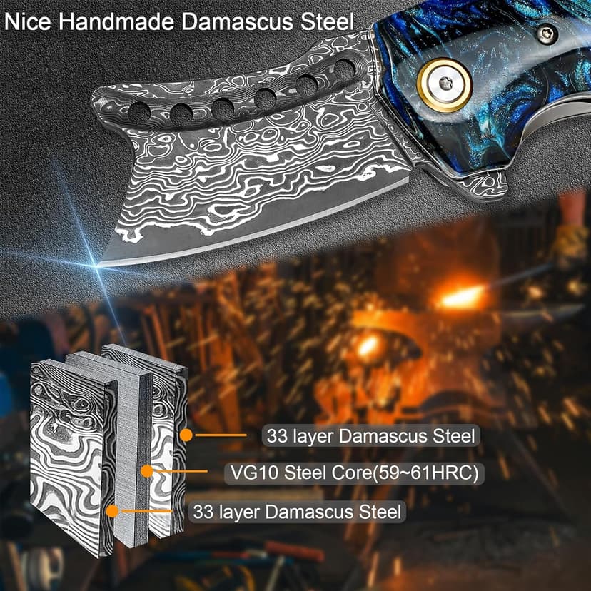 VNLA Handmade VG10 Damascus Steel Folding Pocket Knife - 2.2-Inch Blade, Liner Lock, One-of-a-Kind Random Resin Handle, Cowhide Sheath - Premium Men's EDC Gift for Outdoor Enthusiasts