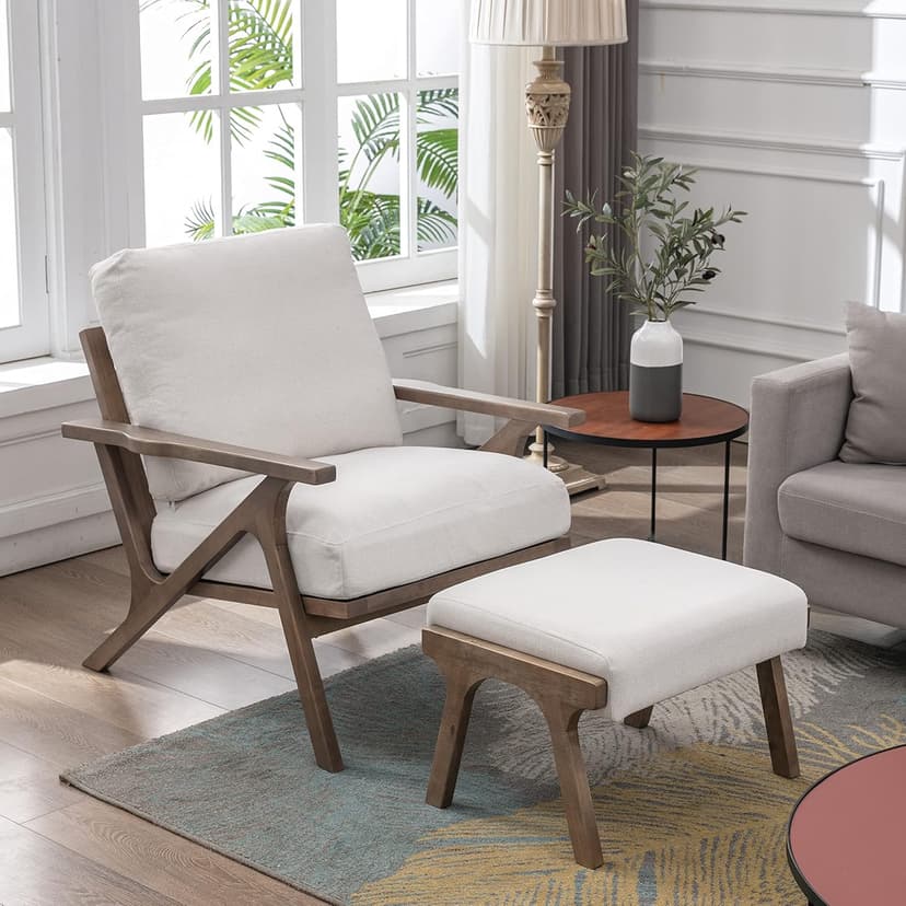 chairus Mid-Century Modern White Linen Accent Chair with Ottoman, Comfy Upholstered Lounge Armchair with Removable Cushions & Solid Wood Frame, Fabric Reading Chair for Living Room Bedroom Office