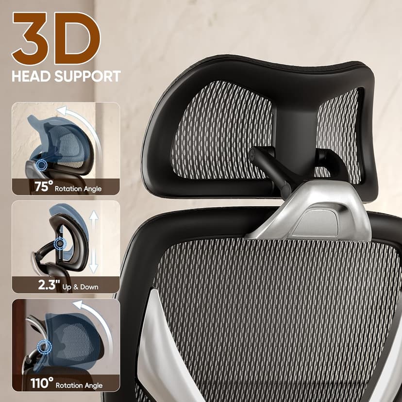 GABRYLLY Ergonomic Office Chair, Big and Tall Mesh Chair with Adjustable Lumbar Support, 5D Arms & Wide Seat, 135° Recline Home Desk Computer Chairs for Work Gaming, Heavy Duty,400LBS - Black