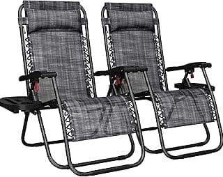 Yaheetech Zero Gravity Recliners Outdoor Adjustable Folding Reclining Lounge Chairs w/Pillows, Cup Holder Trays and Carry Strap for Patio Backyard Beach Gray Set of 2