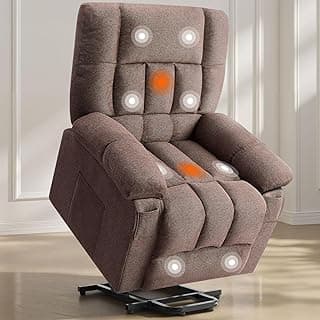 Sweetcrispy Power Lift Recliner Chair with Vibration Massage and Heat for Adults, Ergonomic Overstuffed Breathable Fabric Reclining Chair with Side Pockets, Remote Control, Living Room, Bedroom, Brown