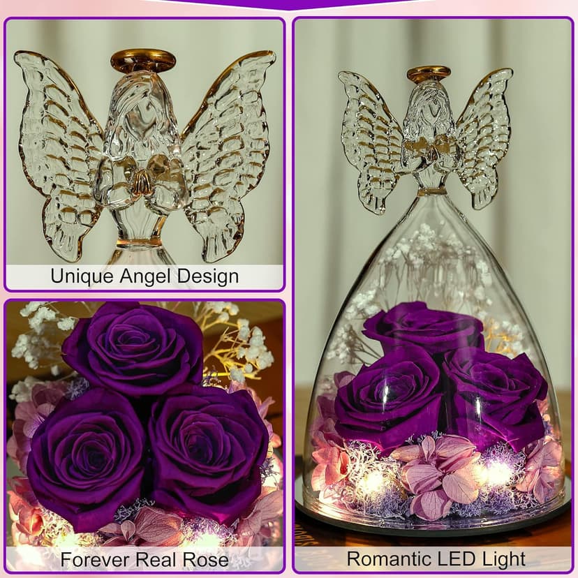 Christmas Rose Gifts for Women Preserved Real Flower in Glass Angel Figurines Roses for Delivery Prime Birthday Gifts for Mom Grandma Girlfriend Wife Her - Purple