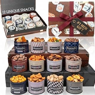 Snack Box Gift Basket, Birthday Gift for Men, Food Care Package, Unique Tins of Assorted Nuts, Snacks in Stunning Case - Treat for Men, Women, Dad, Friends, Family