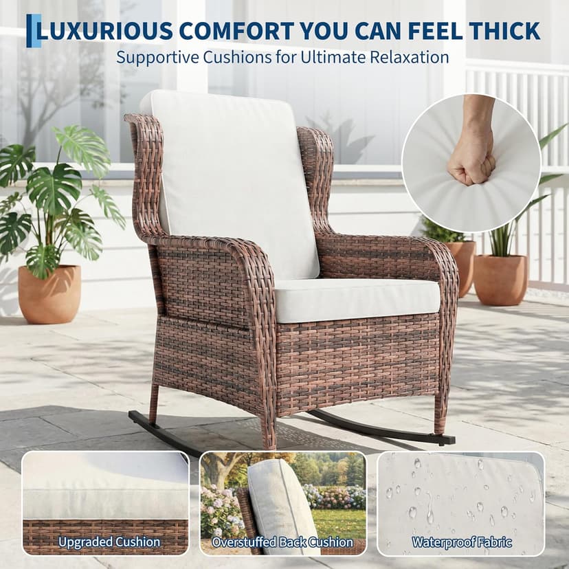 Patio Rocking Chair for Outdoor, Rattan Wicker Chair with Thick Cushions & Steel Frame, All-Weather PE Chair for Garden, Backyard, Porch, Deck